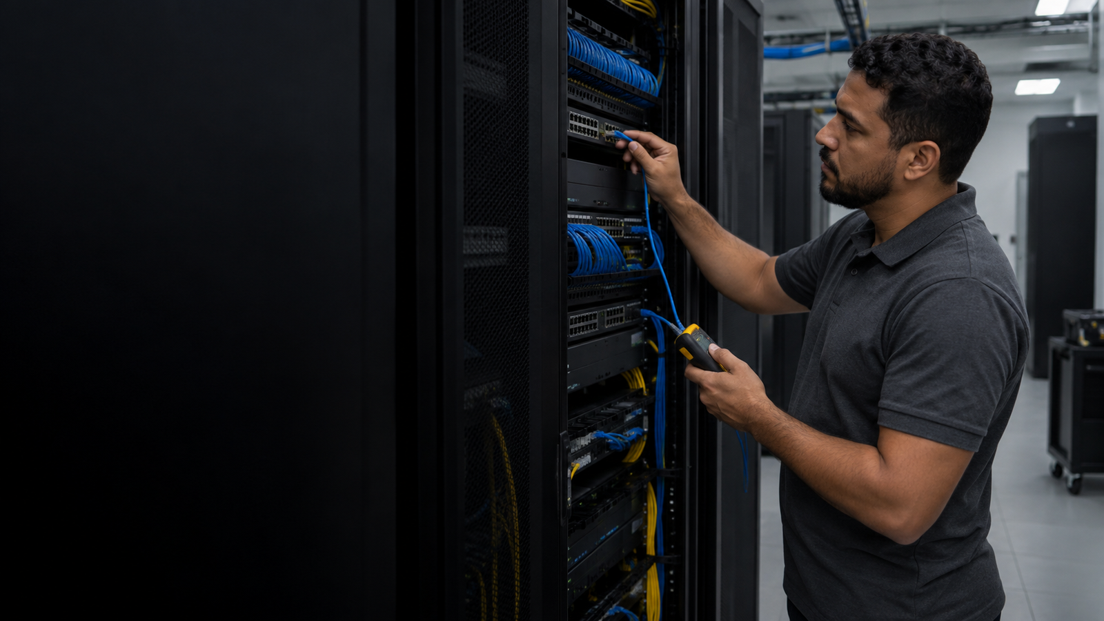 Imagem ilustrativa de um técnico realizando atendimento presencial em um rack de rede.