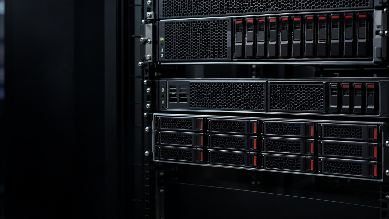 Imagem ilustrativa de servidores e storage instalados em rack.